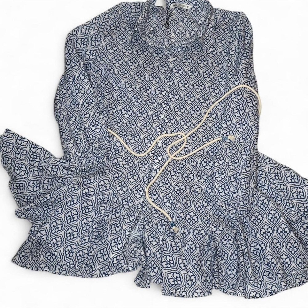 NWOT- Zara Navy and White Geometric Dress. Size XL. Part of tag string attached. - Picture 3 of 7